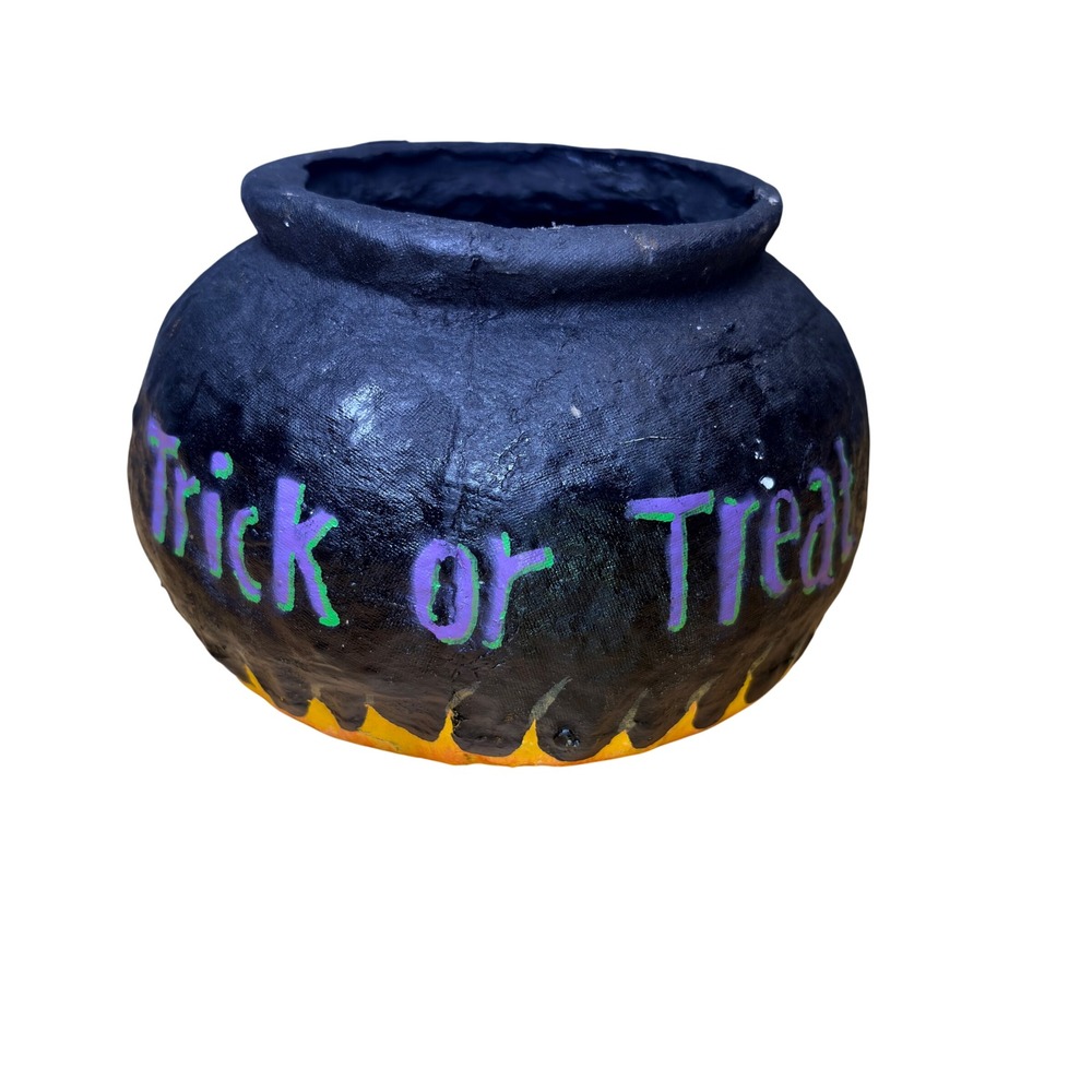 VTG Halloween Cauldron Candy Bowl Paper Mache Trick Or Treat Flame Bucket Pot